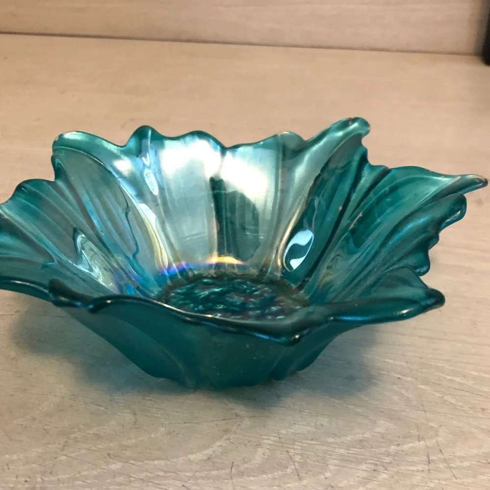 Akcam Turkish Bluish Green Carnival Glass Flower Bowl